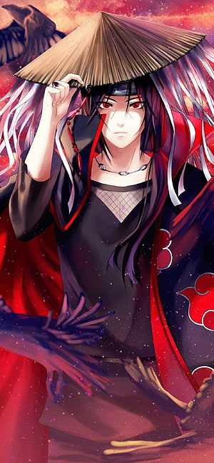 Itachi Uchiha in Akatsuki Cloak with Straw Hat and Sharingan Eyes HD phone wallpaper