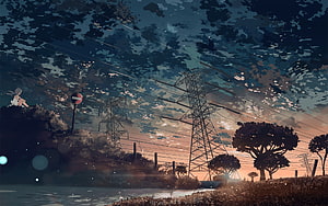 Anime Girl Sitting on Hillside at Dusk with Power Lines and Transmission Towers HD wallpaper