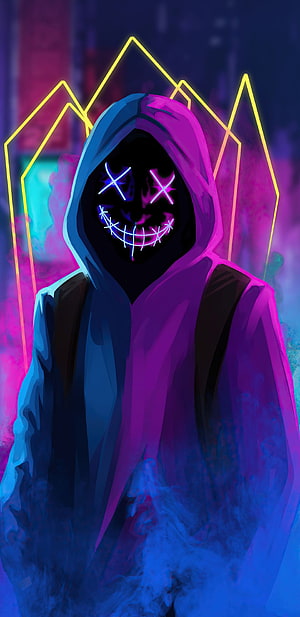 Neon Glitch Mask Hoodie Character in Cyberpunk Style HD phone wallpaper
