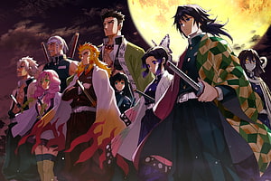 Demon Slayer Hashira Group Portrait Under Full Moon HD wallpaper