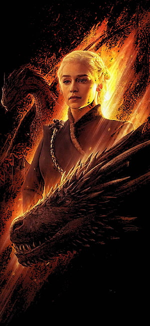 Daenerys Targaryen and Dragon in Fiery Orange Fantasy Art HD phone wallpaper