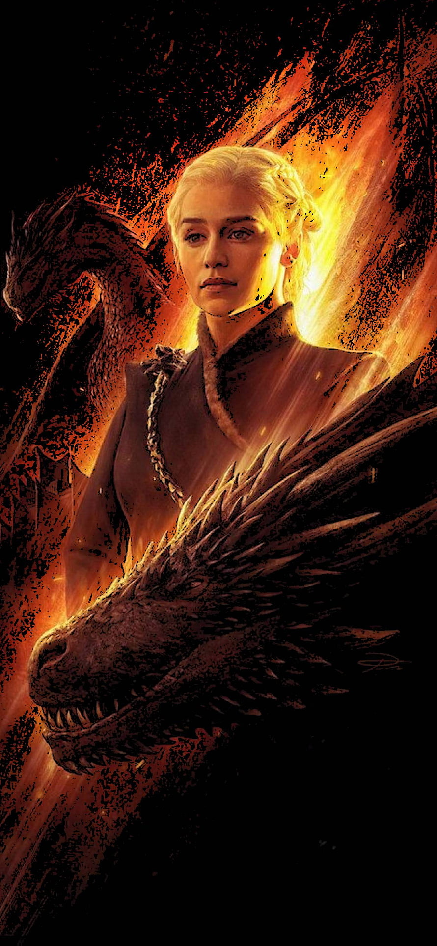 Daenerys Targaryen and Dragon in Fiery Orange Fantasy Art HD phone wallpaper