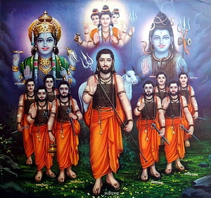 Sri Chaitanya Mahaprabhu with Six Goswamis and Divine Deities HD wallpaper