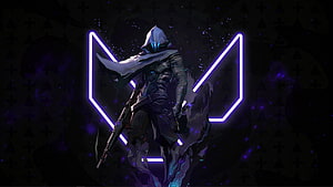 Omen from Valorant in dark hooded armor with glowing purple neon emblem and futuristic rifle HD wallpaper