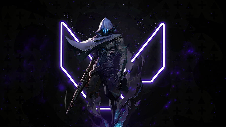 Omen from Valorant in dark hooded armor with glowing purple neon emblem and futuristic rifle HD wallpaper