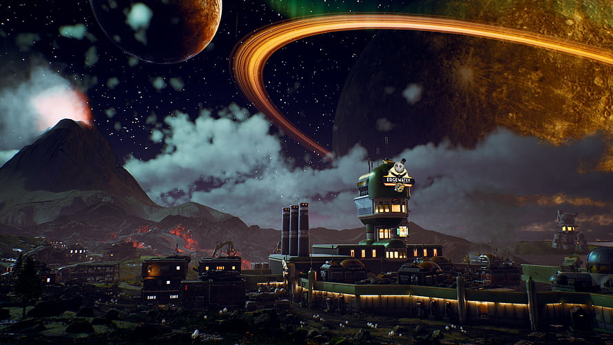 The Outer Worlds Sci-Fi Settlement with Ringed Planet and Volcanic Landscape HD wallpaper