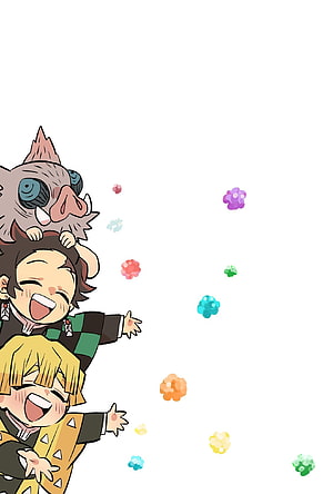 Chibi Tanjiro Zenitsu and Inosuke Demon Slayer Happy Anime Wallpaper HD phone wallpaper