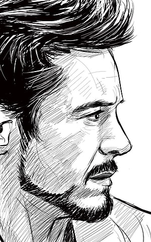 Black and white ink sketch of Robert Downey Jr as Tony Stark in profile with beard and swept hair HD phone wallpaper