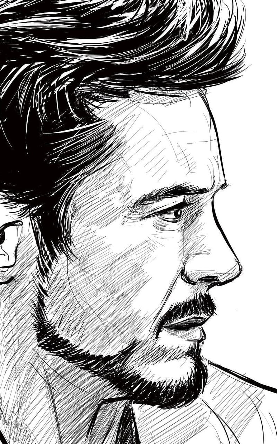 Black and white ink sketch of Robert Downey Jr as Tony Stark in profile with beard and swept hair HD phone wallpaper