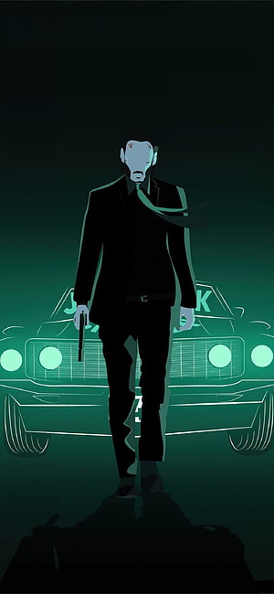 John Wick Chapter 4 Minimalist Artwork with Classic Car and Gun HD phone wallpaper