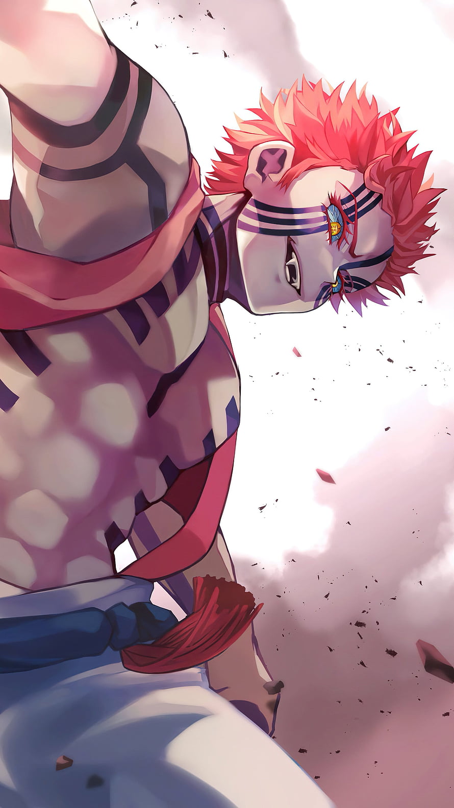 Akaza from Demon Slayer in Dynamic Action Pose with Red Hair and Marked Face HD phone wallpaper