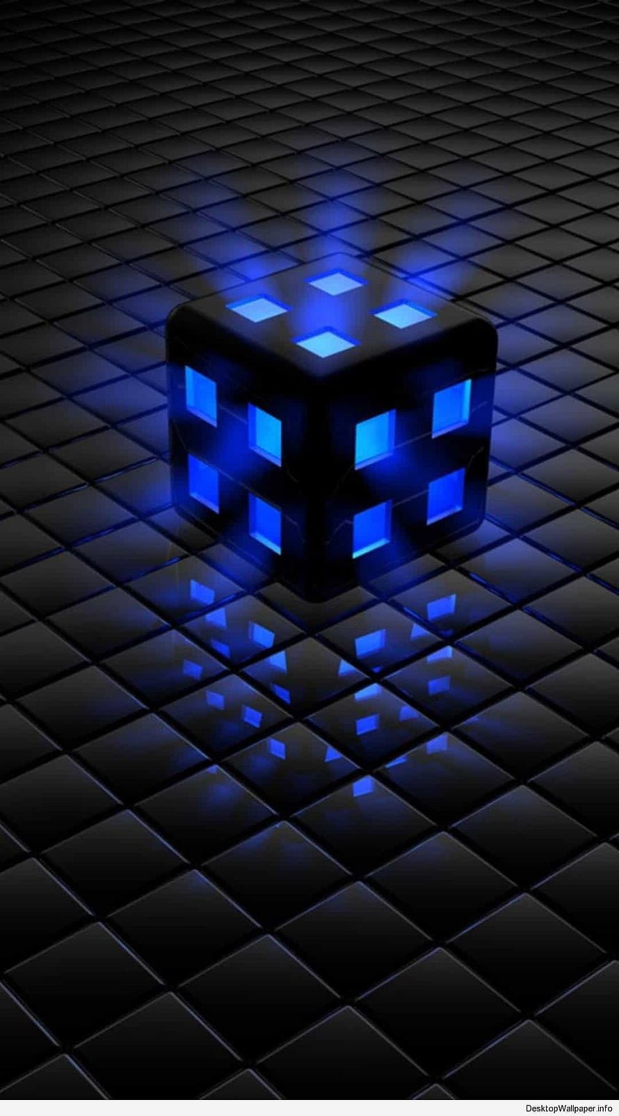 Glowing Blue Cube on Dark Grid Floor with Neon Light Reflections HD phone wallpaper