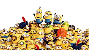 Minions Group Photo with Costumes and Goggles on White Background HD wallpaper