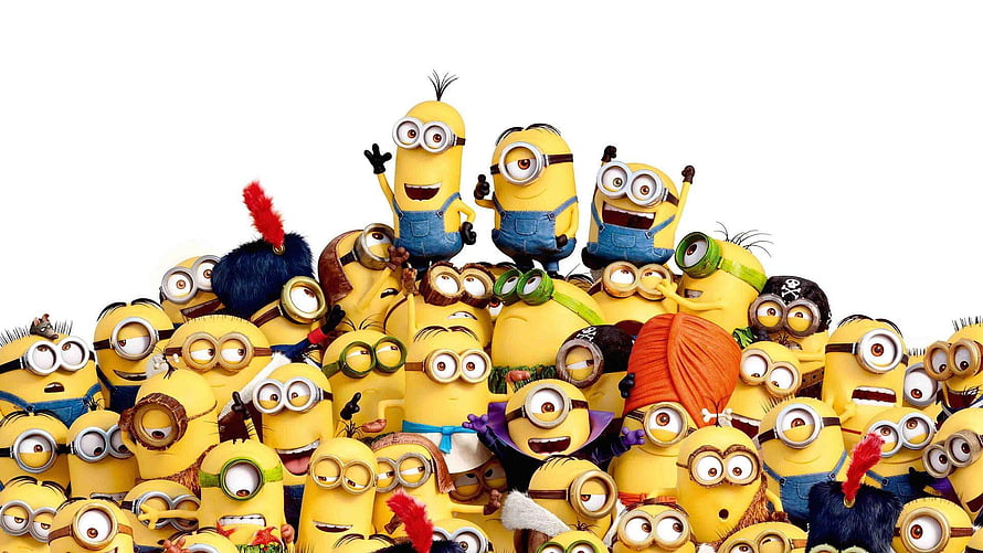 Minions Group Photo with Costumes and Goggles on White Background HD wallpaper