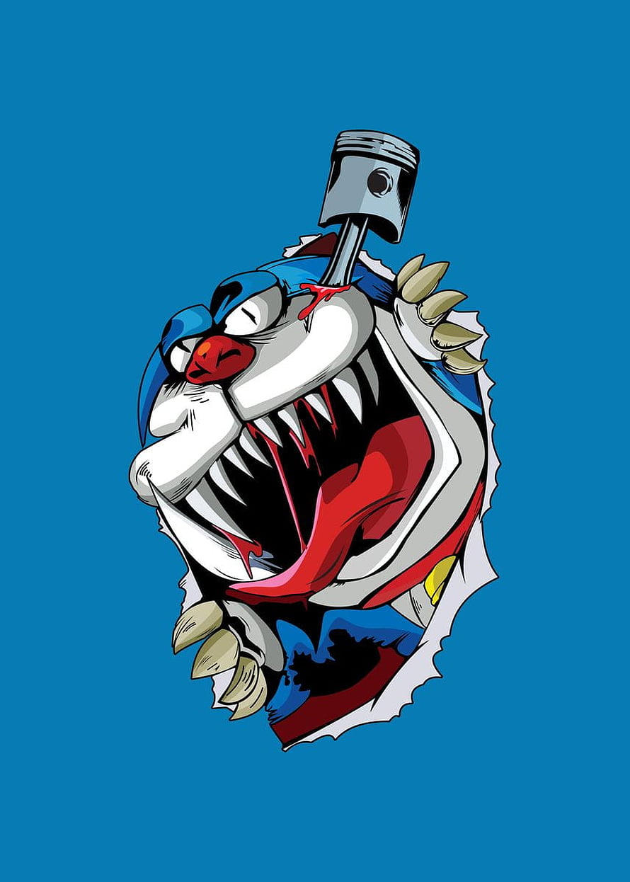 Zombie Doraemon Cartoon Illustration with Engine Piston and Torn Paper Effect HD phone wallpaper