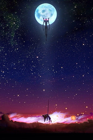 Silhouette of a warrior kneeling before a floating figure against a giant moon and starry night sky HD phone wallpaper