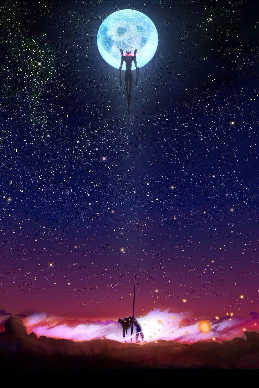 Silhouette of a warrior kneeling before a floating figure against a giant moon and starry night sky HD phone wallpaper