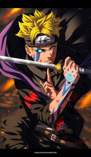 Boruto Uzumaki wielding sword with blue markings and intense blue eye in anime style HD phone wallpaper
