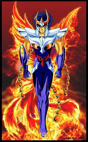 Ikki the Phoenix Saint in Full Armor with Burning Wings and Divine Aura HD phone wallpaper