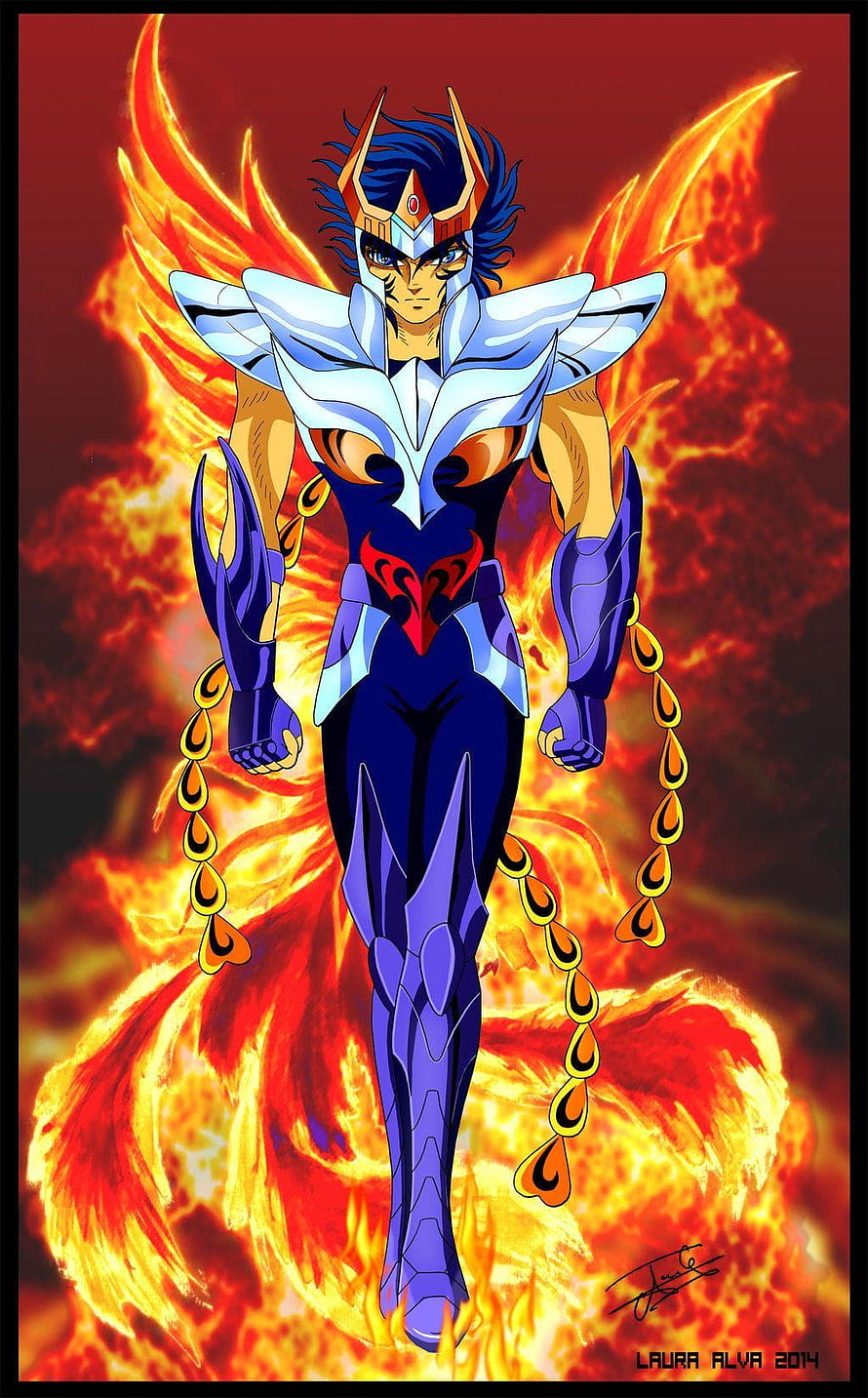 Ikki the Phoenix Saint in Full Armor with Burning Wings and Divine Aura HD phone wallpaper
