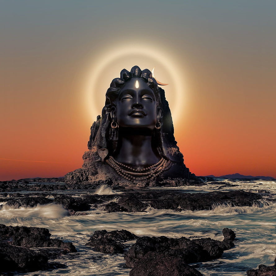 Mystical Shiva Statue Head Emerging From Rocky Ocean Coastline At Sunset HD phone wallpaper