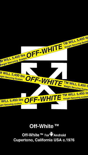 Off-White Brand Logo with Yellow Caution Tape on Black Background HD phone wallpaper