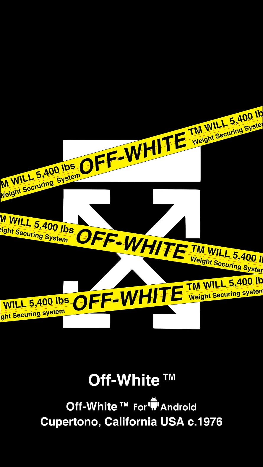 Off-White Brand Logo with Yellow Caution Tape on Black Background HD phone wallpaper