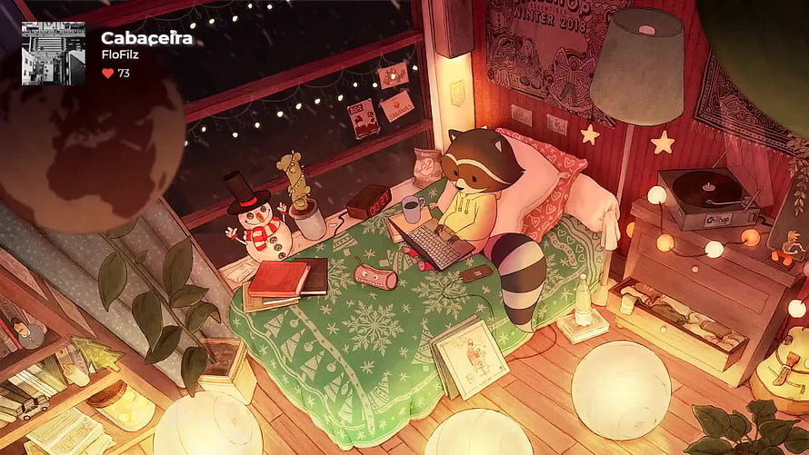 Cozy Winter Bedroom with Raccoon Character and Snowman in Lofi Anime Style, Christmas Lofi Hip Hop Radio, chill anime lofi HD wallpaper