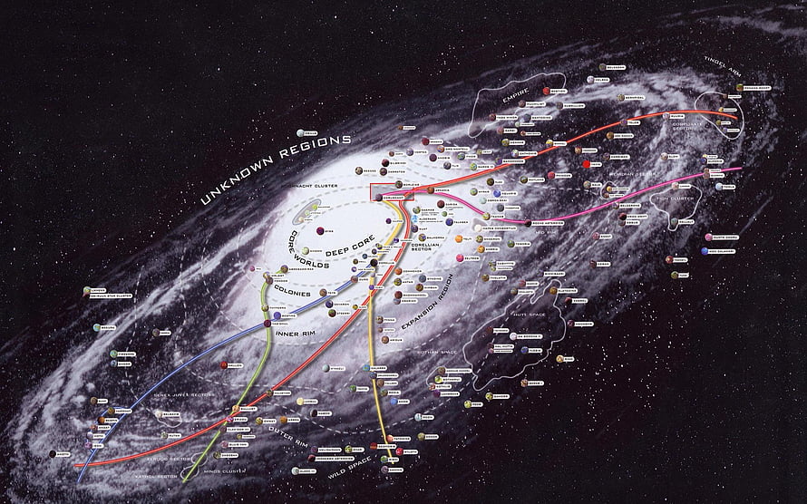 Star Wars Galaxy Map with Core Worlds, Outer Rim, and Unknown Regions HD wallpaper