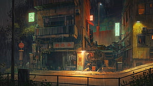 Rainy Night in Osaka: Neon-Lit Urban Alleyway Digital Painting HD wallpaper