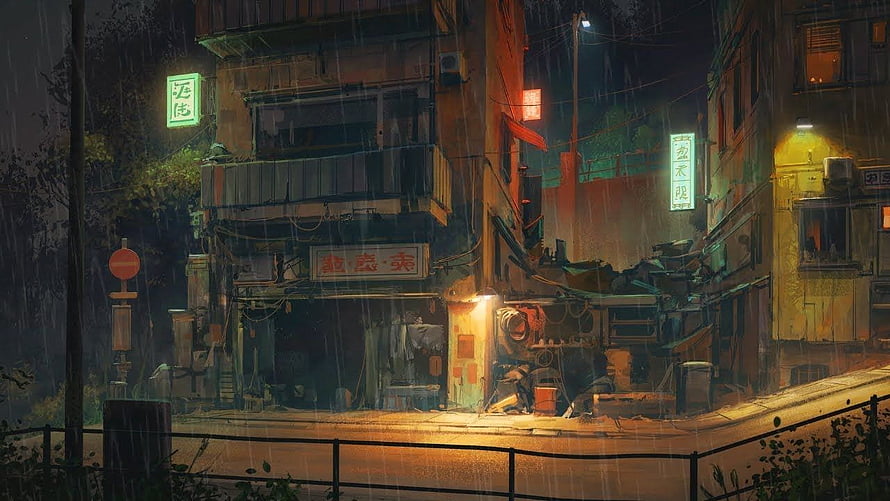 Rainy Night in Osaka: Neon-Lit Urban Alleyway Digital Painting HD wallpaper