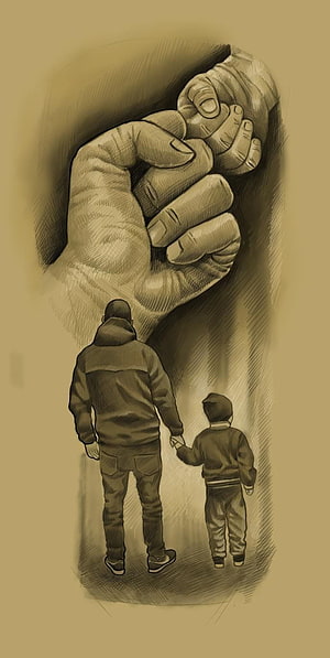 Father And Son Walking Hand In Hand With Giant Hand Illustration HD phone wallpaper