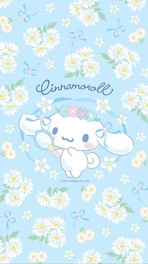 Cute Cinnamoroll with Flower Crown on Pastel Blue Daisy Background HD phone wallpaper