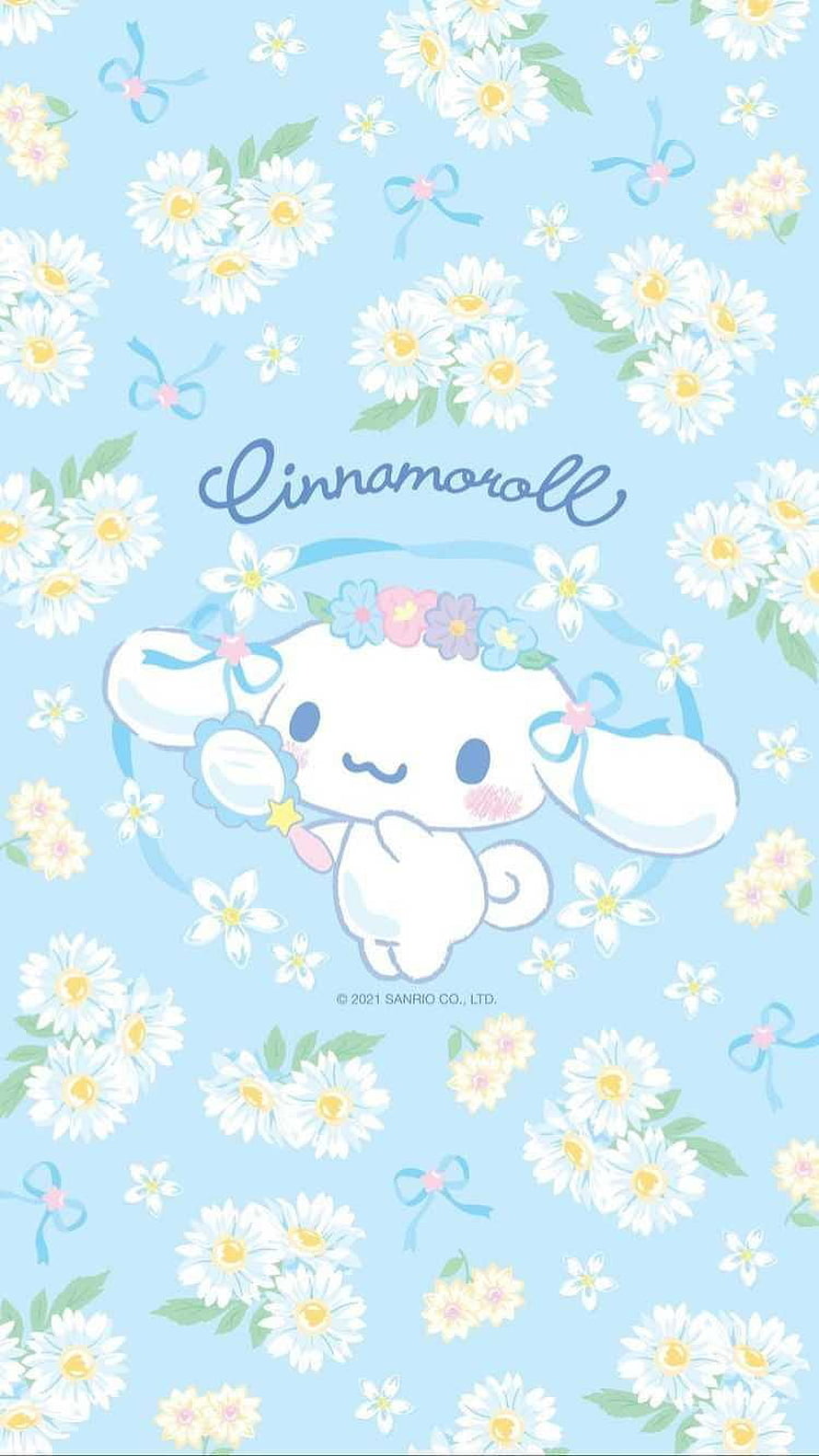 Cute Cinnamoroll with Flower Crown on Pastel Blue Daisy Background HD phone wallpaper