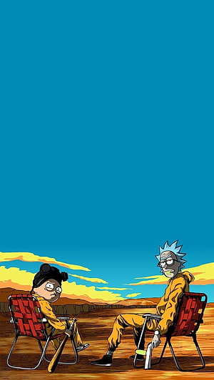 Rick and Morty Sitting in Desert Chairs at Sunset HD phone wallpaper
