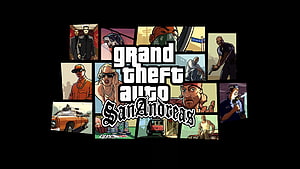 Grand Theft Auto San Andreas Comic Style Character Collage and Logo Artwork HD wallpaper