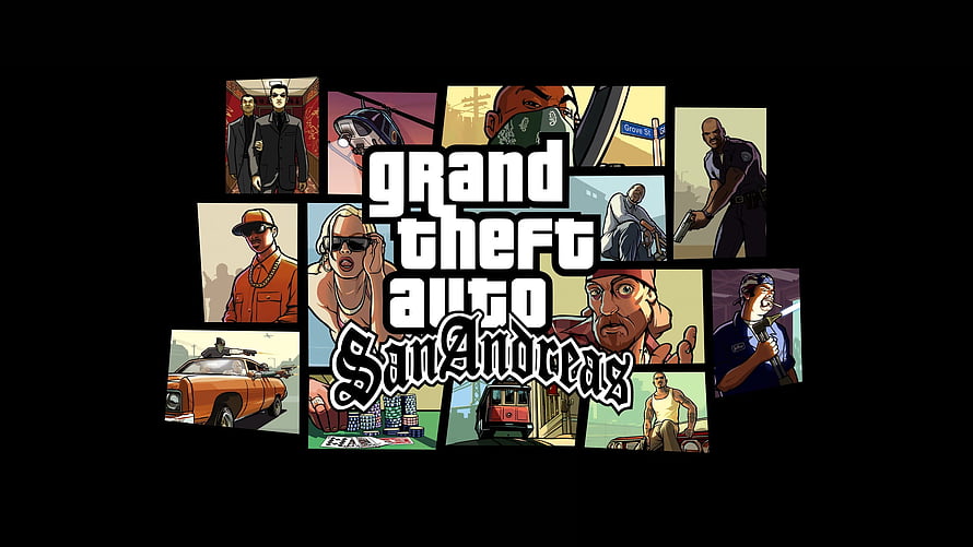 Grand Theft Auto San Andreas Comic Style Character Collage and Logo Artwork HD wallpaper