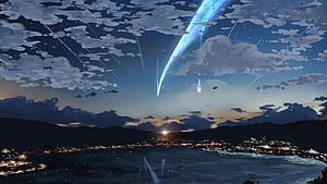 Your Name Anime Night Sky with Meteor Shower Over Coastal City HD wallpaper