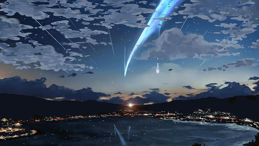 Your Name Anime Night Sky with Meteor Shower Over Coastal City HD wallpaper