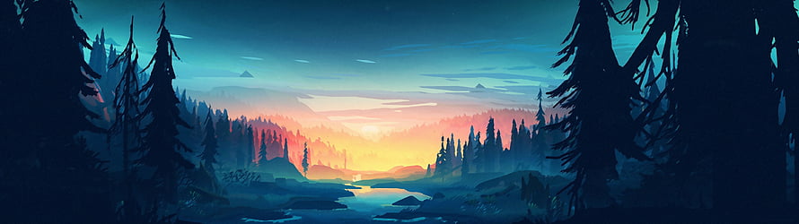 Serene Digital Painting of a Misty Forest River at Sunset with Silhouetted Pine Trees HD wallpaper
