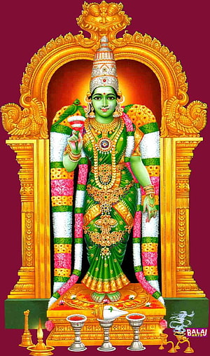 Goddess Meenakshi Amman in Green Saree with Gold Jewelry and Temple Arch, Goddess Madurai Meenakshi Amman &, lord amman HD phone wallpaper