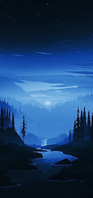 Serene Blue Night Forest Landscape With Moonlit River And Distant Waterfall HD phone wallpaper
