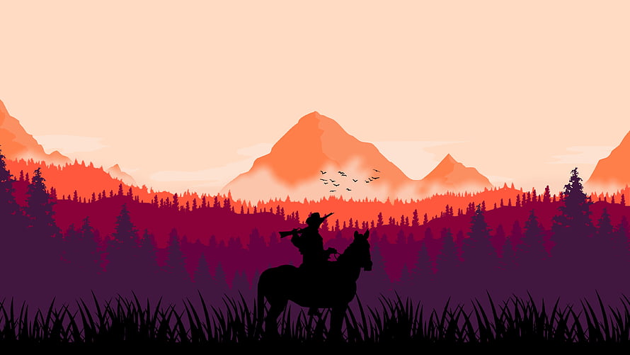 Red Dead Redemption 2 Silhouette of a Cowboy on Horseback Against a Mountain Sunset HD wallpaper