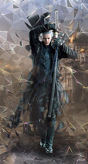 Vergil from Devil May Cry holding a katana with shattered glass effect and gothic cathedral backdrop HD phone wallpaper