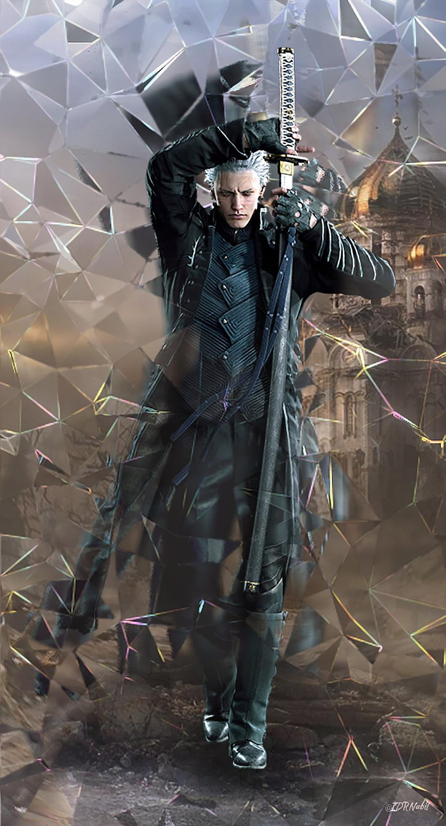 Vergil from Devil May Cry holding a katana with shattered glass effect and gothic cathedral backdrop HD phone wallpaper