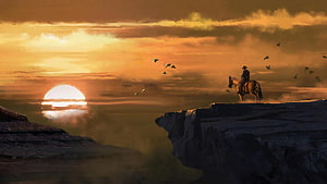 Lone Cowboy on Horseback at Golden Sunset in Red Dead Redemption Landscape HD wallpaper