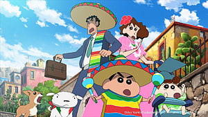Crayon Shin-chan Family in Mexican Outfits with Sombreros and Maracas HD wallpaper