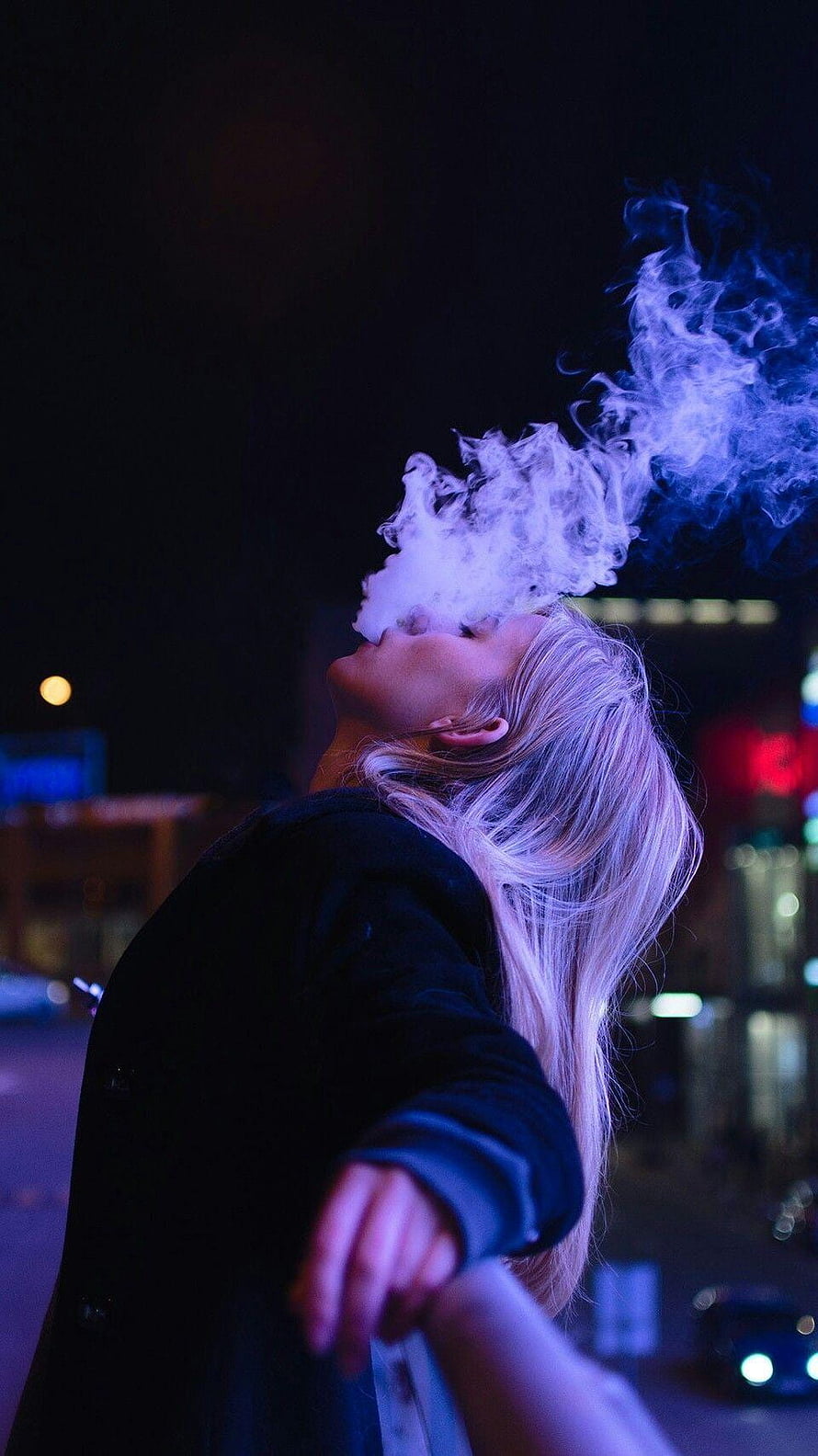 Blonde Woman Exhaling Vapor in Neon-Lit Night Cityscape, SPEEDY X on Vape smoke, smoke girl HD phone wallpaper