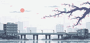 8 Bit Japan Pixel Art Cityscape with Cherry Blossom Tree and Red Sun HD wallpaper