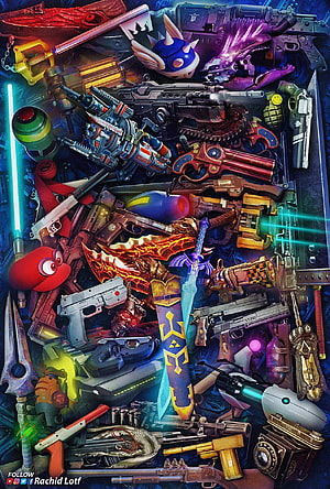 Colorful Digital Art Illustration of Video Game Weapons and Sci-Fi Firearms HD phone wallpaper